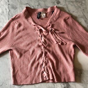 Divided Pink Tie-Front Crop Sweater